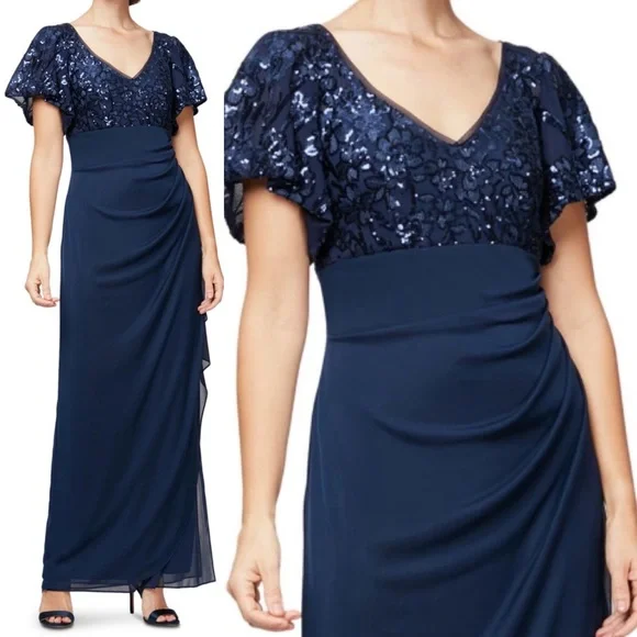 Alex Evenings | Dresses | Alex Evenings Navy Ruched Embellished Empire  Waist Dress Size 4 P Petite | Poshmark